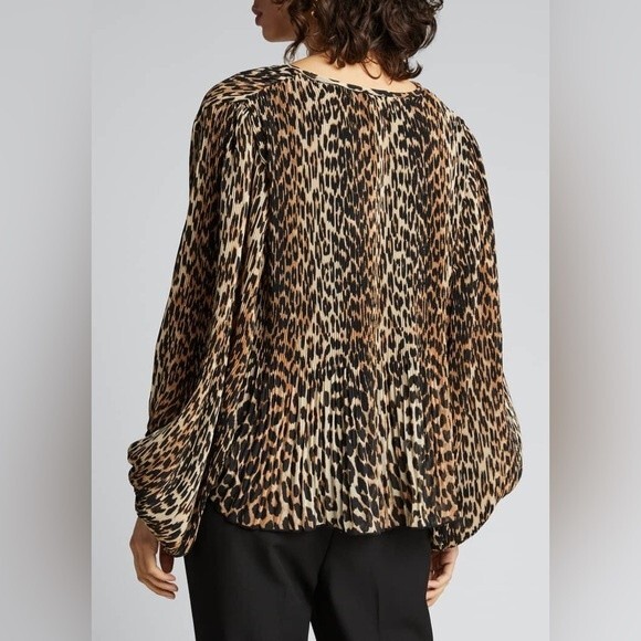 GANNI Georgette Pleated Leopard-Print Blouson Sleeve Blouse Size 34/2 US - Picture 2 of 16